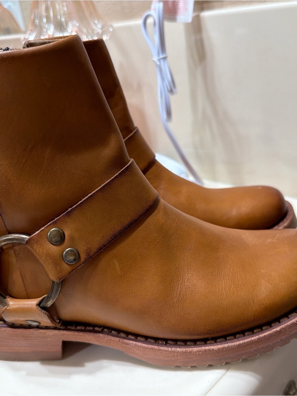 Frye Cognac Leather Harness Ankle Boots